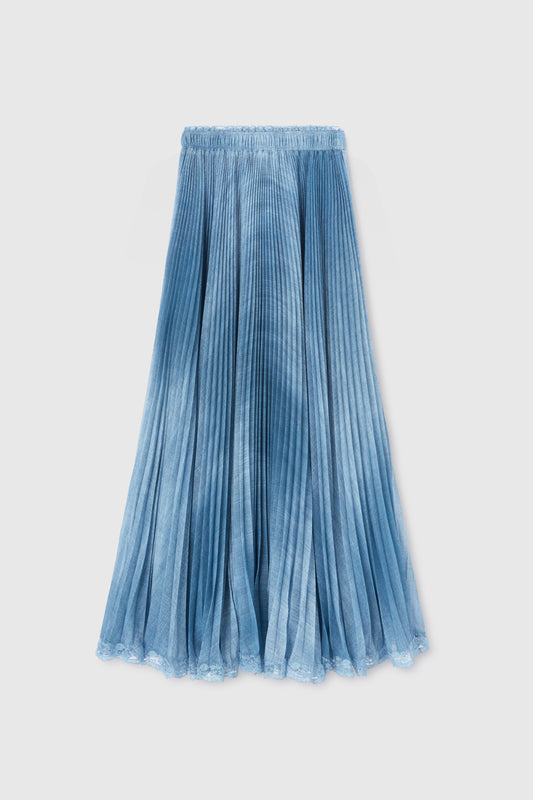 Pleated denim print midi skirt with lace valencienne