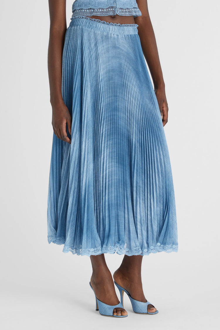 Pleated denim print midi skirt with lace valencienne