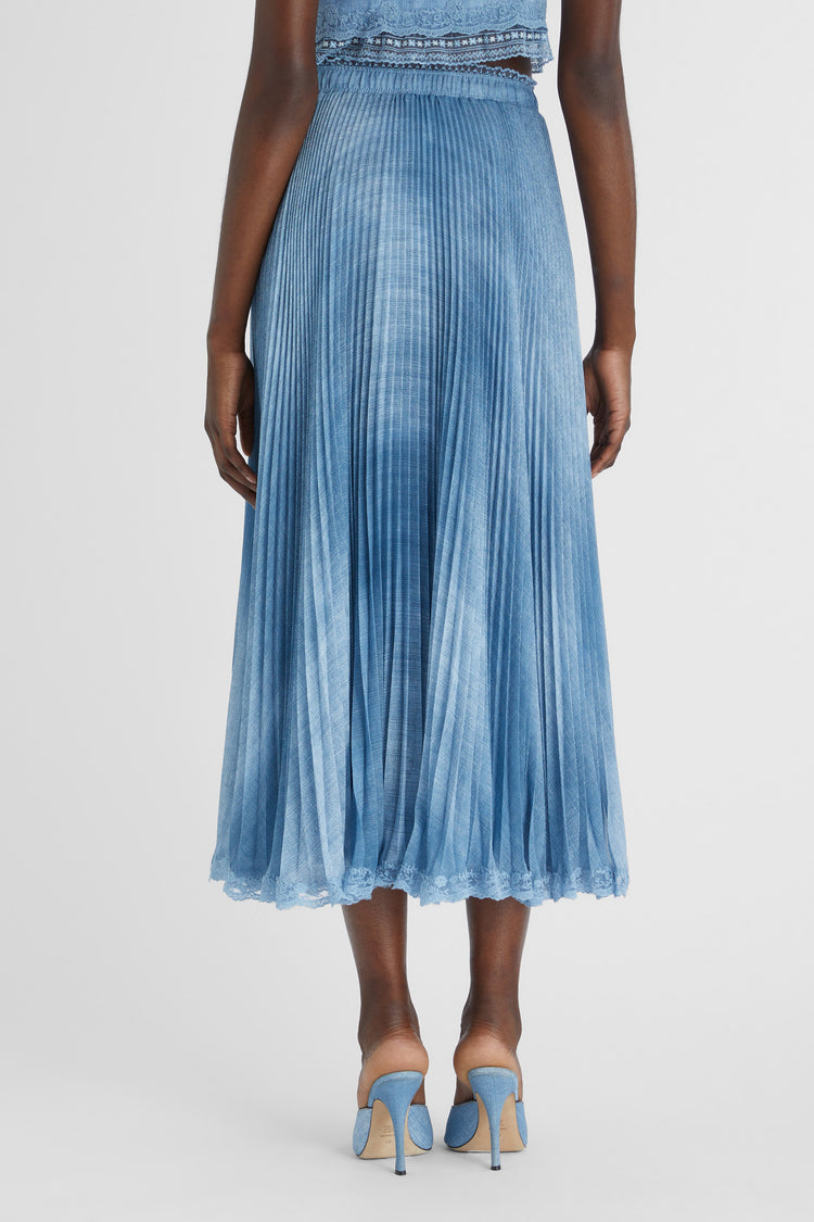 Pleated denim print midi skirt with lace valencienne