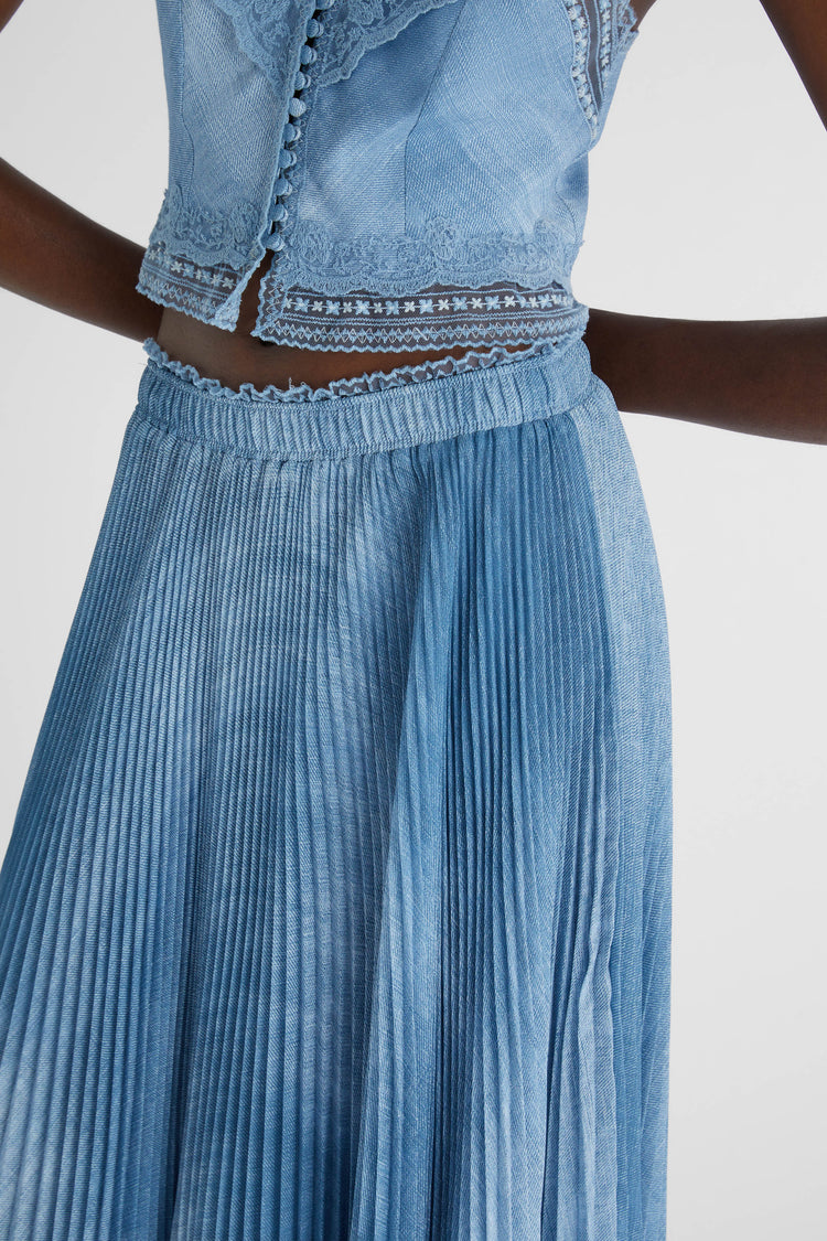 Pleated denim print midi skirt with lace valencienne