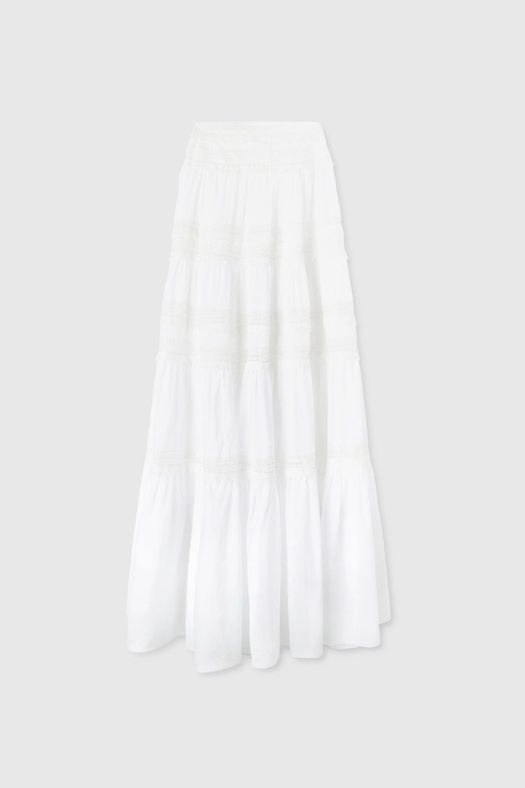 Long skirt in cotton muslin with flounces and valencienne lace appliqués, jour and scallop embroidery