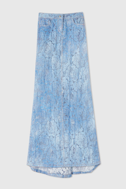 Long denim skirt with devoré floral motif