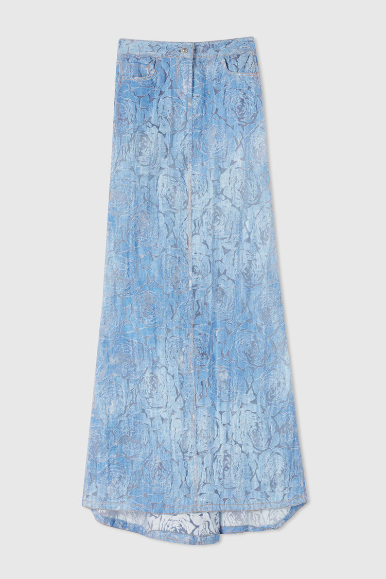 Long denim skirt with devoré floral motif