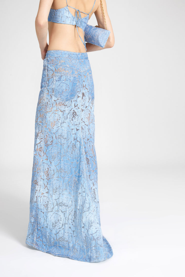 Long denim skirt with devoré floral motif