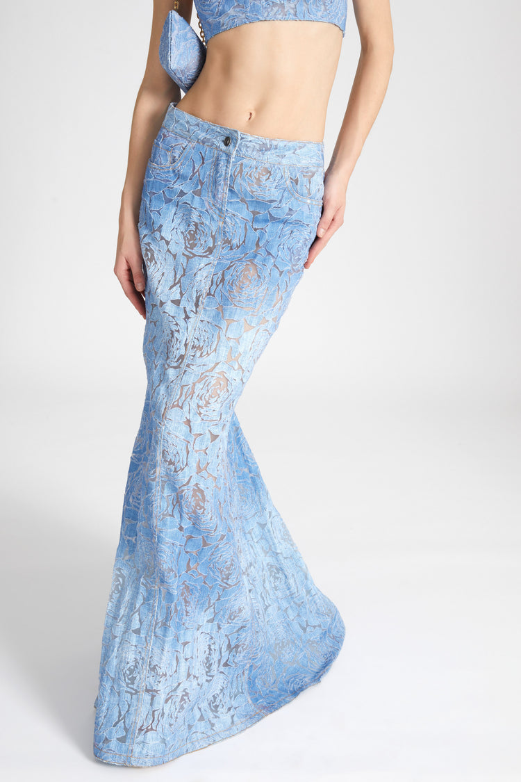 Long denim skirt with devoré floral motif