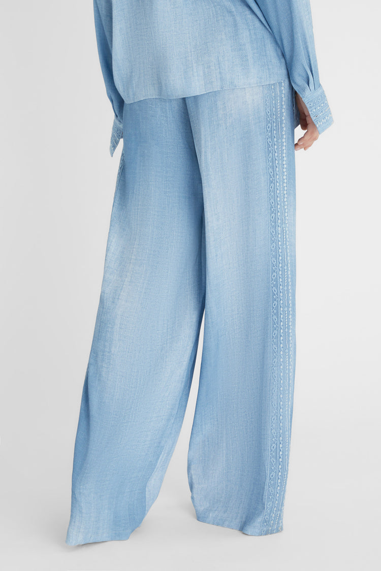 Light denim print marocain palazzo trousers with drawstring