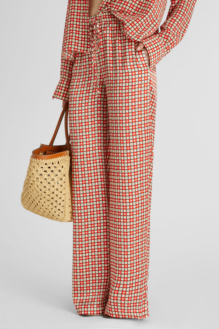 Pure silk crepe de chine palazzo trousers with tie print