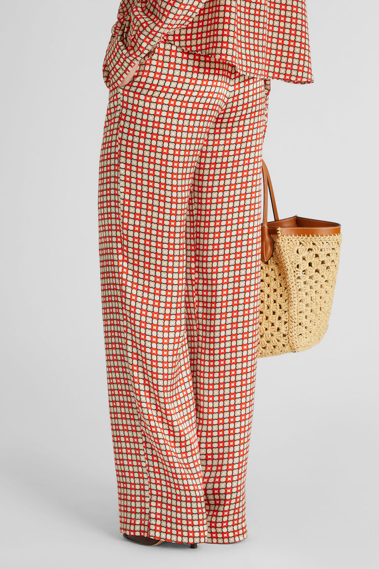 Pure silk crepe de chine palazzo trousers with tie print