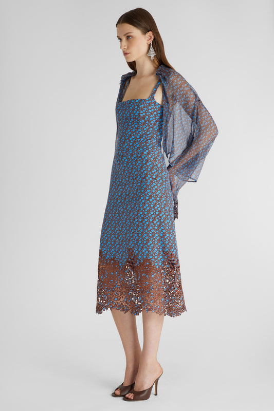 Pure silk crepe de chine dress with micro flower print and lace appliqué on the bottom