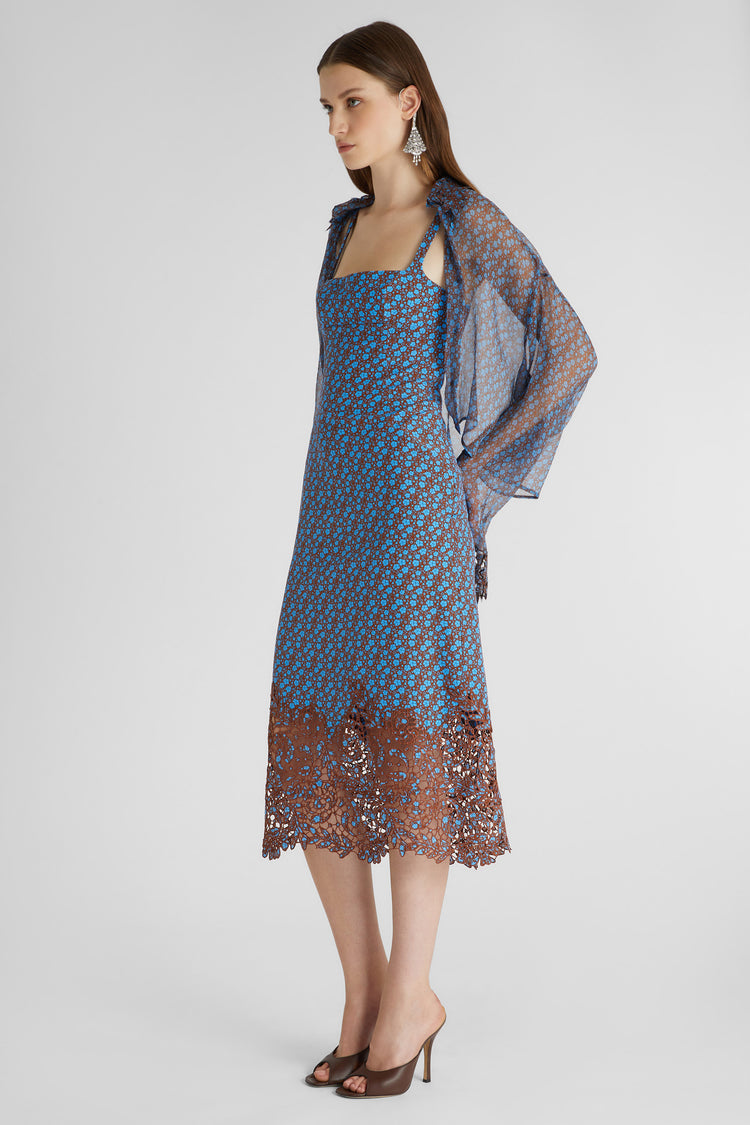 Pure silk crepe de chine dress with micro flower print and lace appliqué on the bottom