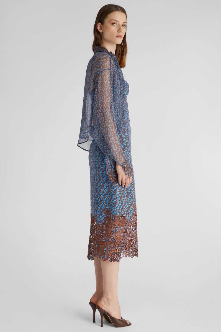 Pure silk crepe de chine dress with micro flower print and lace appliqué on the bottom