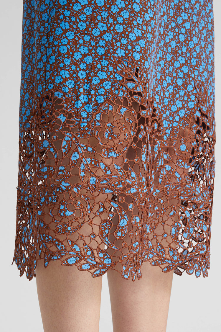 Pure silk crepe de chine dress with micro flower print and lace appliqué on the bottom