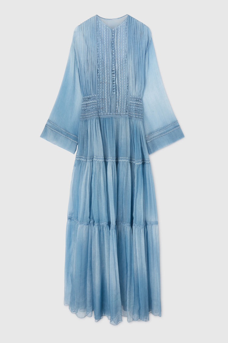 Silk crepon long dress with tie dye shading and valencienne lace