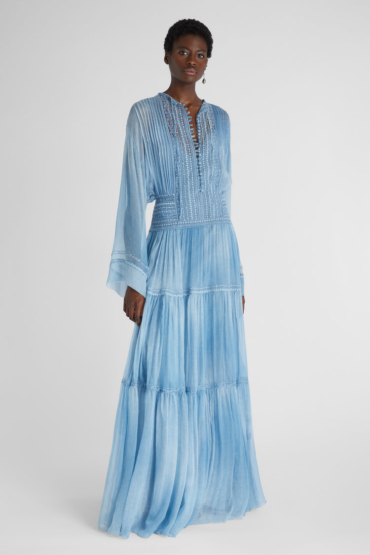 Silk crepon long dress with tie dye shading and valencienne lace