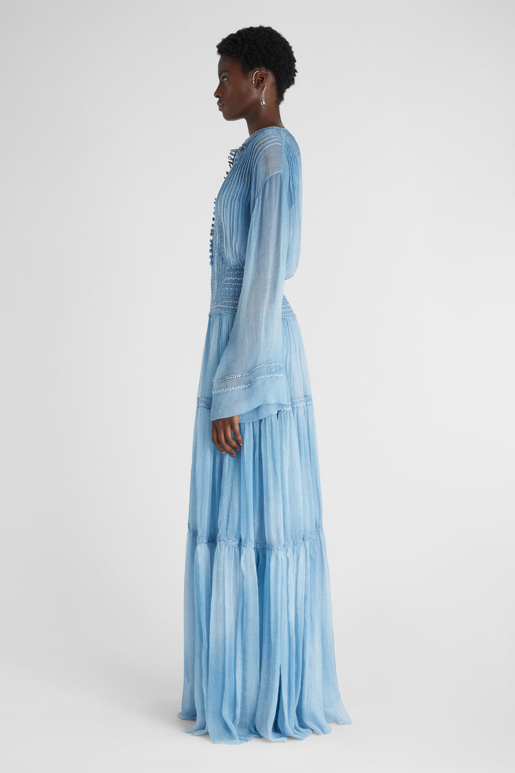 Silk crepon long dress with tie dye shading and valencienne lace