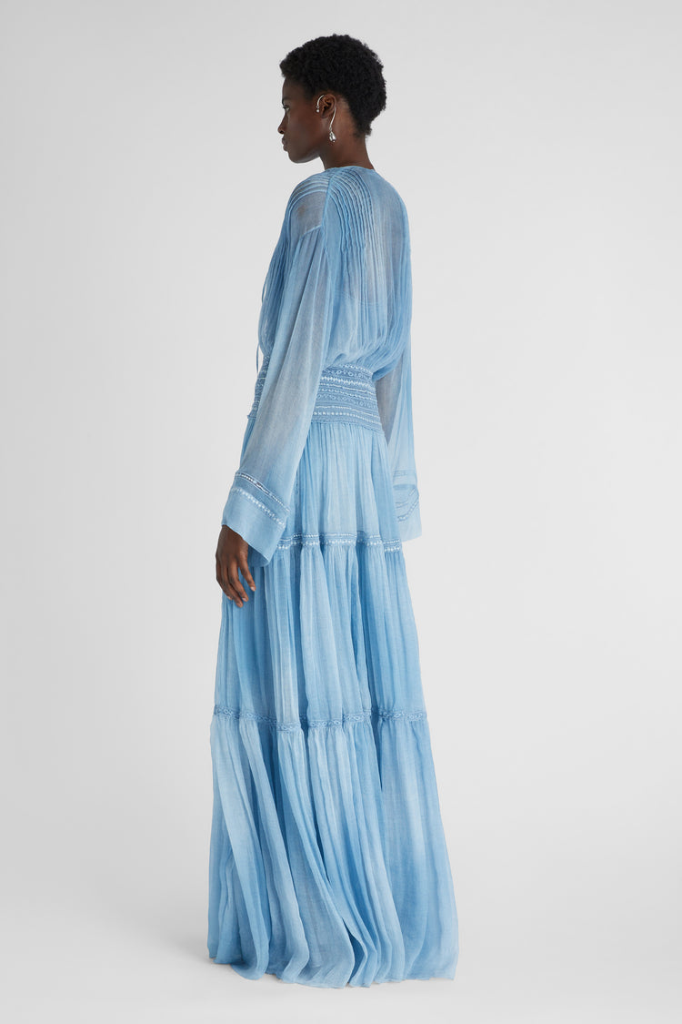 Silk crepon long dress with tie dye shading and valencienne lace