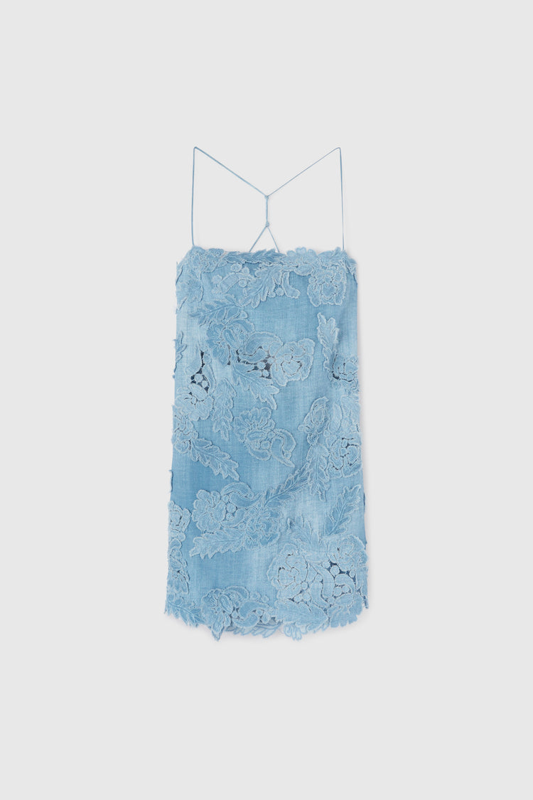 A-line dress with fine shoulder straps in light denim print with handmade and hand-applied denim lace details