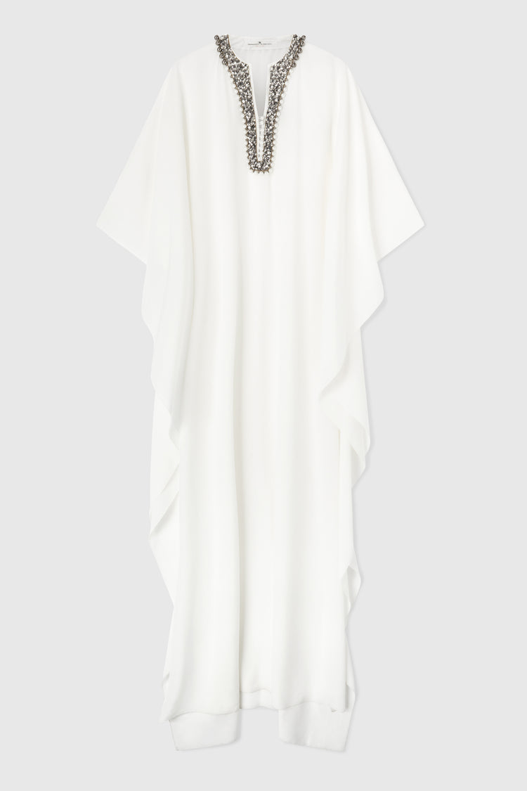 Long pure silk kaftan with neckline embellished with crystal and pearl appliqués