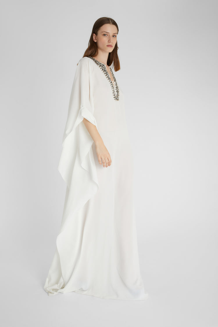 Long pure silk kaftan with neckline embellished with crystal and pearl appliqués