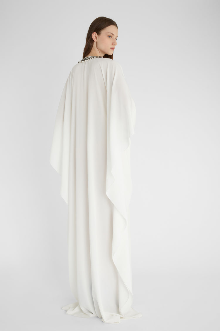 Long pure silk kaftan with neckline embellished with crystal and pearl appliqués