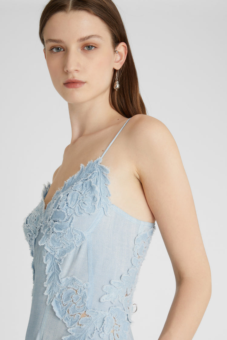 Light denim print long lingerie dress with fine straps and lace appliqués