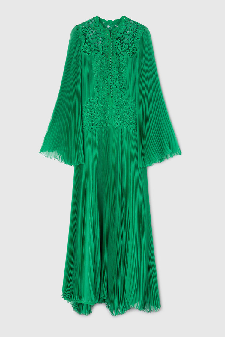 Long pure silk pleated kaftan with handmade lace appliqués and buttoned neckline