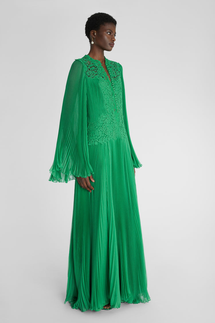 Long pure silk pleated kaftan with handmade lace appliqués and buttoned neckline