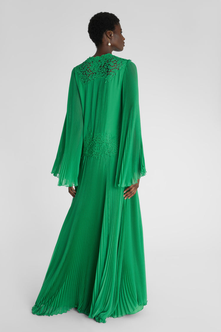 Long pure silk pleated kaftan with handmade lace appliqués and buttoned neckline