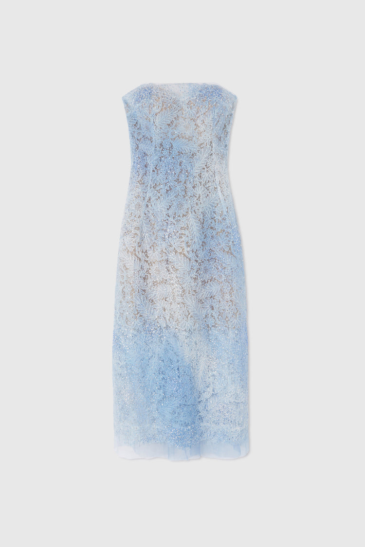 Light denim print lace bustier dress with tone-on-tone crystal appliqués