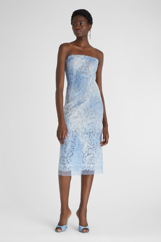 Light denim print lace bustier dress with tone-on-tone crystal appliqués