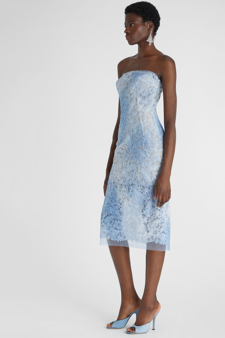 Light denim print lace bustier dress with tone-on-tone crystal appliqués