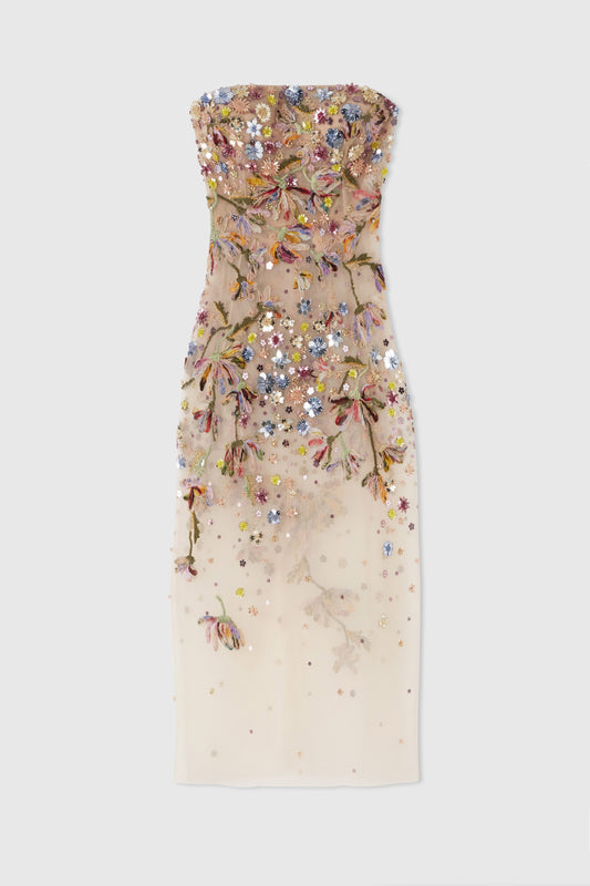 Toulle bustier dress with handmade three-dimensional embroidery and multicoloured floral crystals