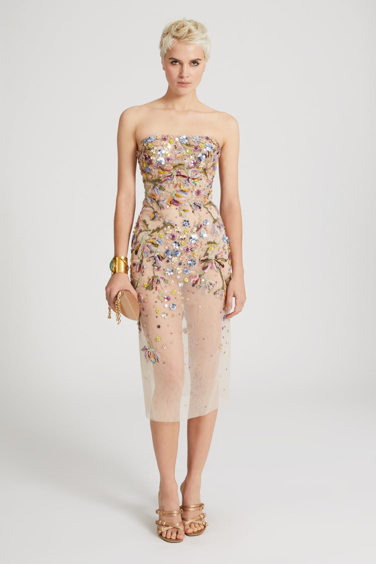 Toulle bustier dress with handmade three-dimensional embroidery and multicoloured floral crystals