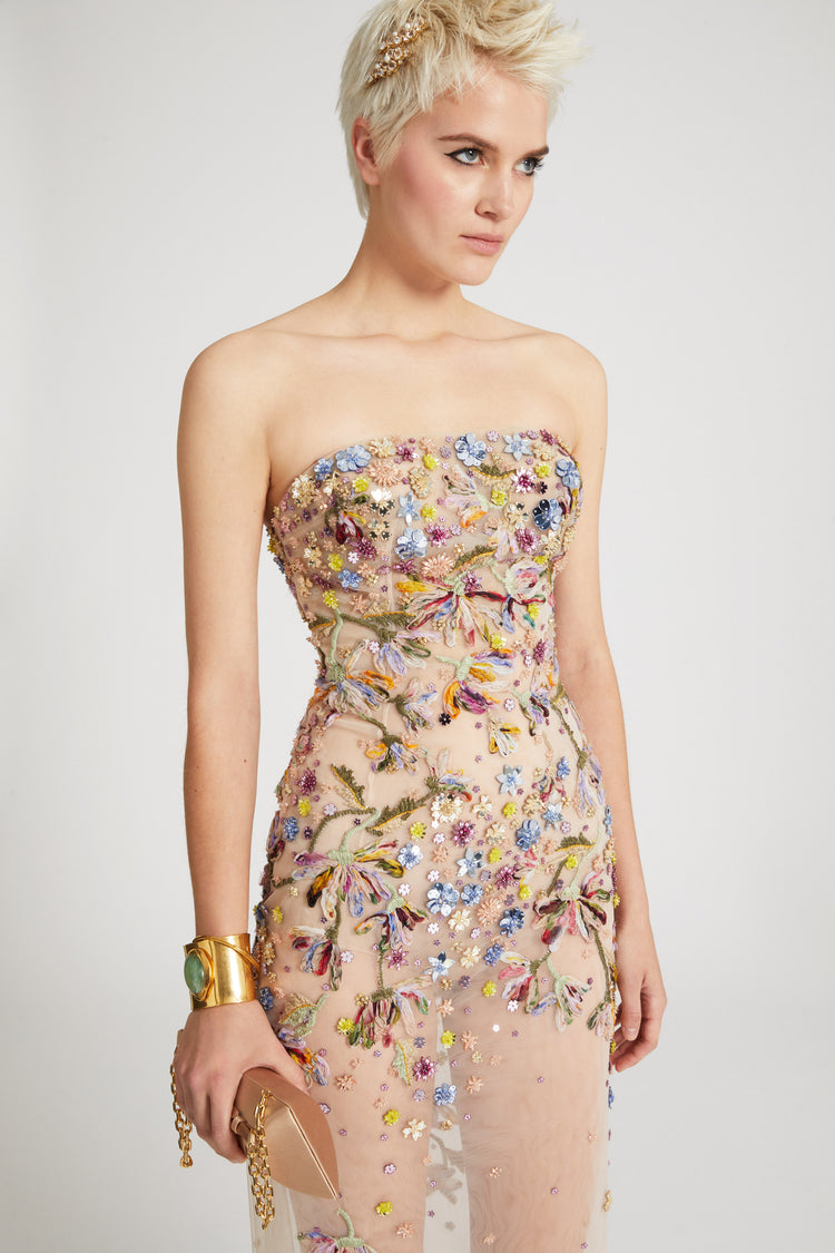 Toulle bustier dress with handmade three-dimensional embroidery and multicoloured floral crystals