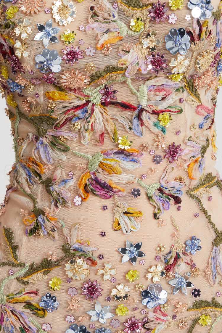 Toulle bustier dress with handmade three-dimensional embroidery and multicoloured floral crystals