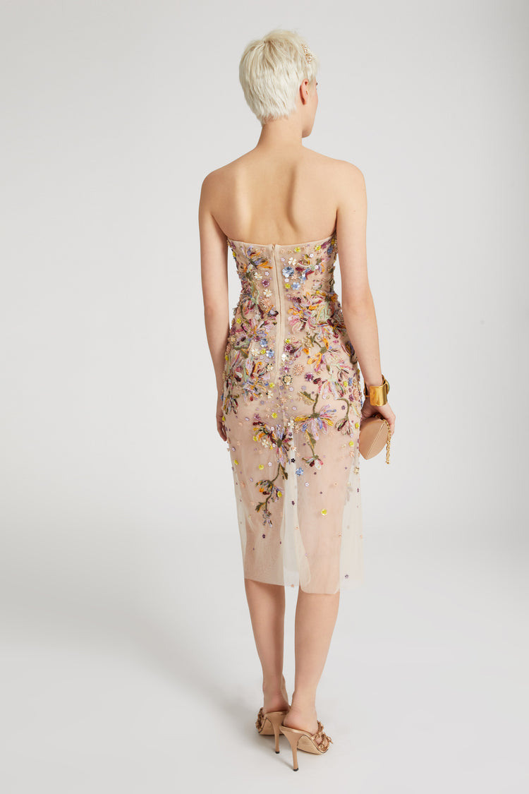 Toulle bustier dress with handmade three-dimensional embroidery and multicoloured floral crystals