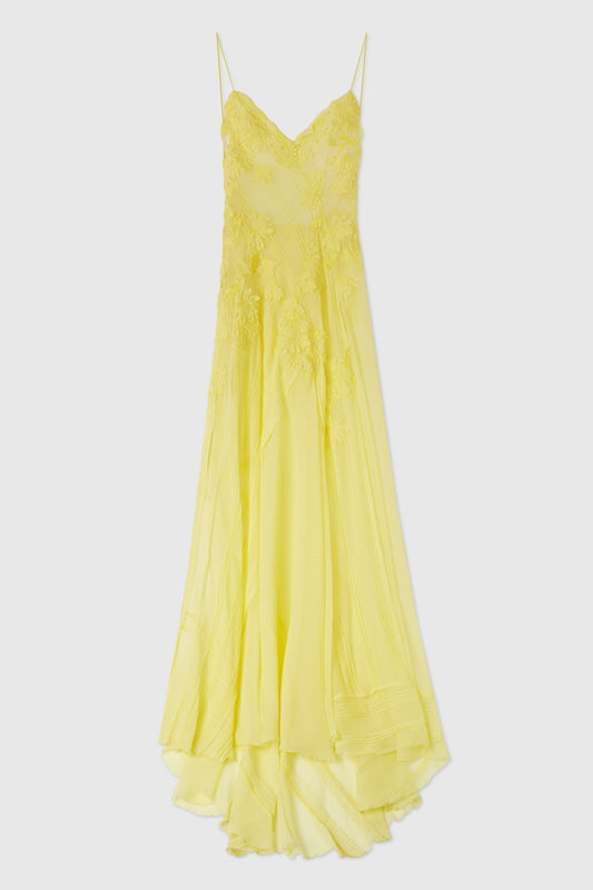 Silk chiffon long dress with handmade floral embroidery