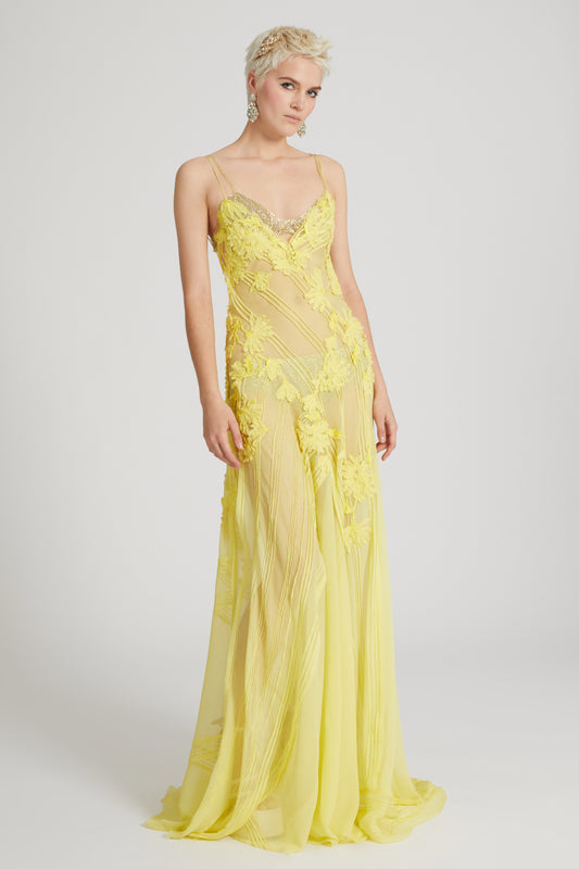 Silk chiffon long dress with handmade floral embroidery