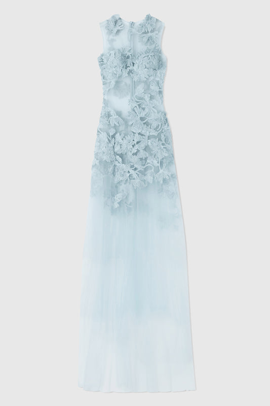 Long toulle dress with handmade degrade floral embroidery