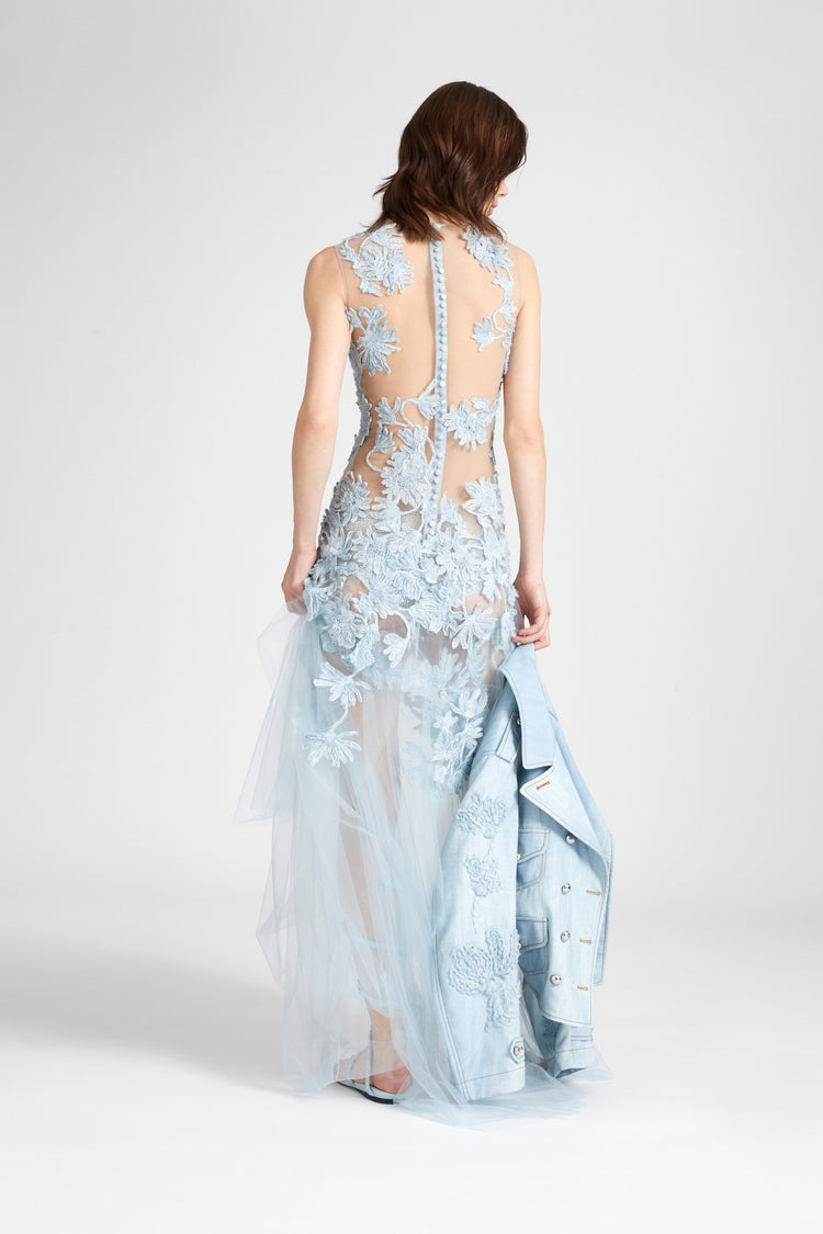 Long toulle dress with handmade degrade floral embroidery