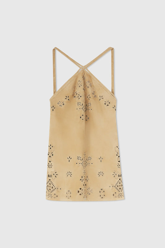 Short flared suede dress with American neckline and geometric cut-out made and finished by hand