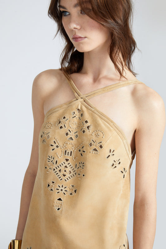 Short flared suede dress with American neckline and geometric cut-out made and finished by hand