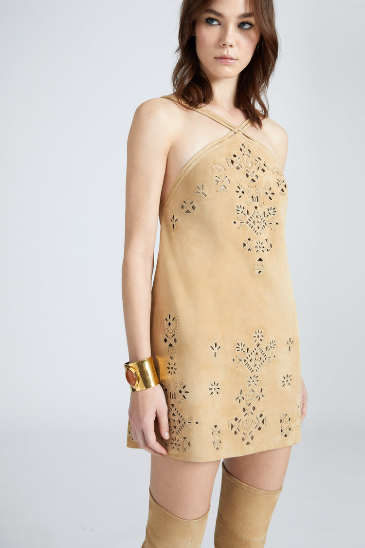 Short flared suede dress with American neckline and geometric cut-out made and finished by hand