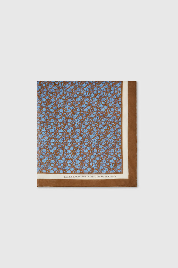 Pure silk scarf with a micro blue flower print on a brown background