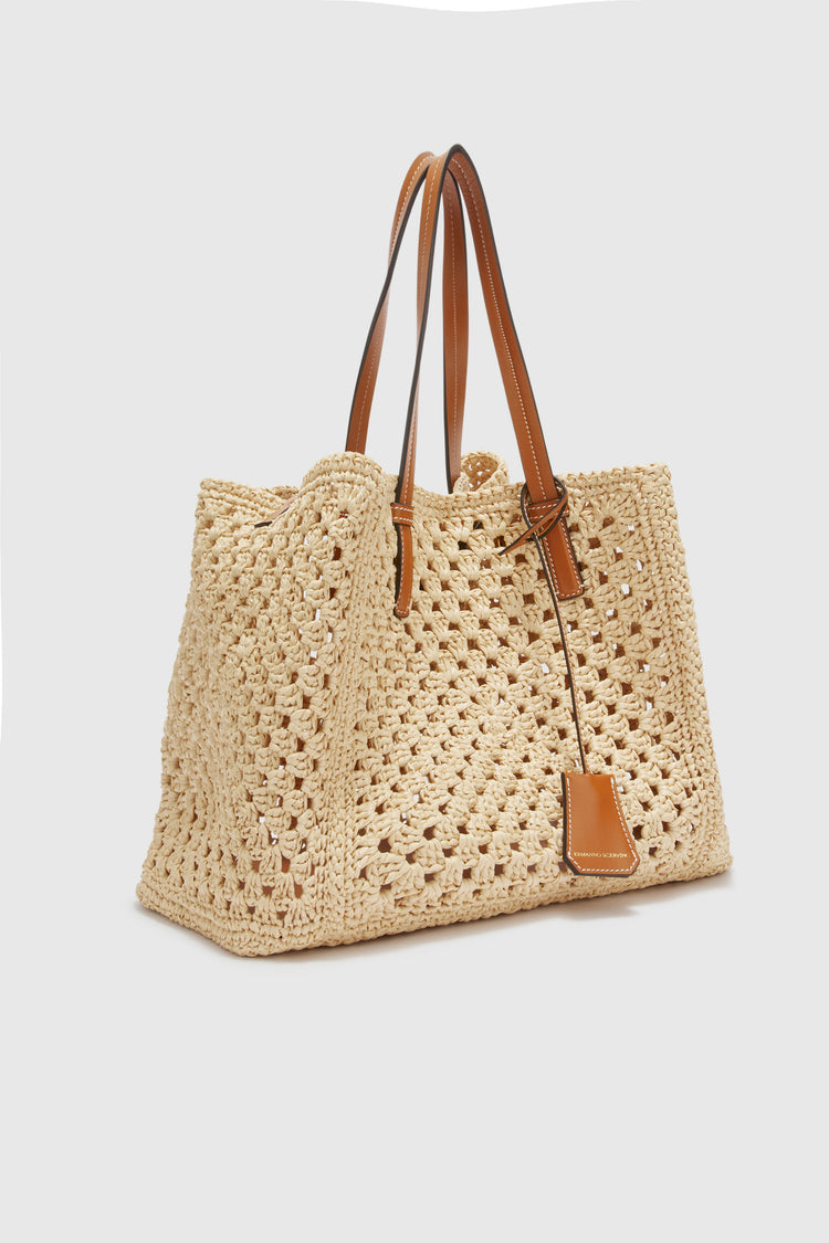 Multicolor rafia shopping bag with hand-made crochet weave