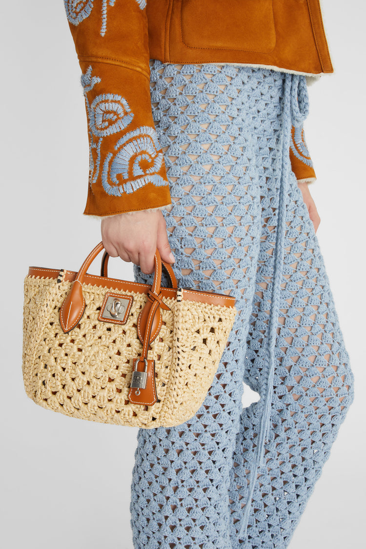 Mini shopping bag in natural rafia with hand-made crochet weave