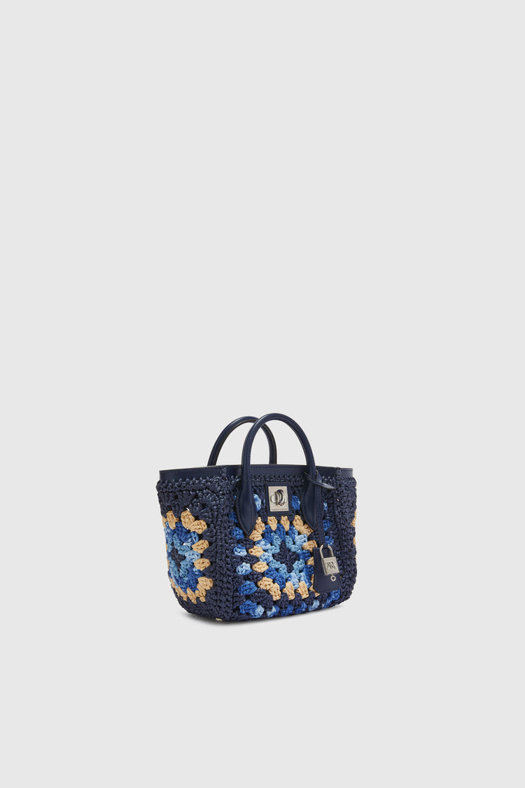 Mini shopping bag in multicolor rafia with hand-made crochet weave