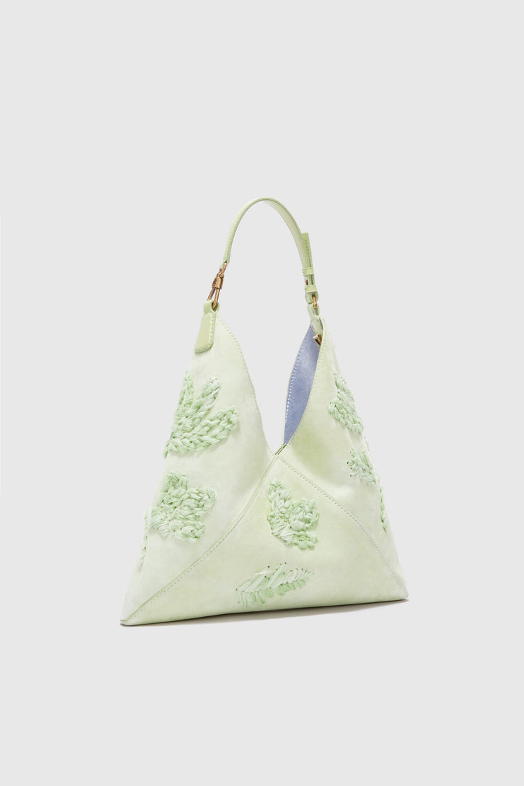 New Dudu in light green nuvolato suede with handmade silk chiffon creponne floral embroidery