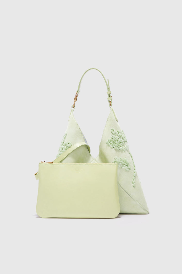 New Dudu in light green nuvolato suede with handmade silk chiffon creponne floral embroidery