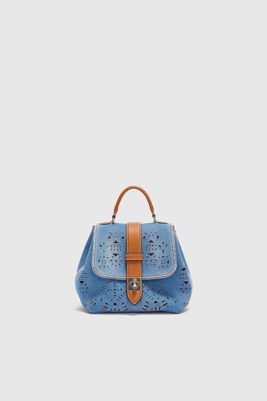 Mini Liza in denim with geometric cut-out made and finished by hand